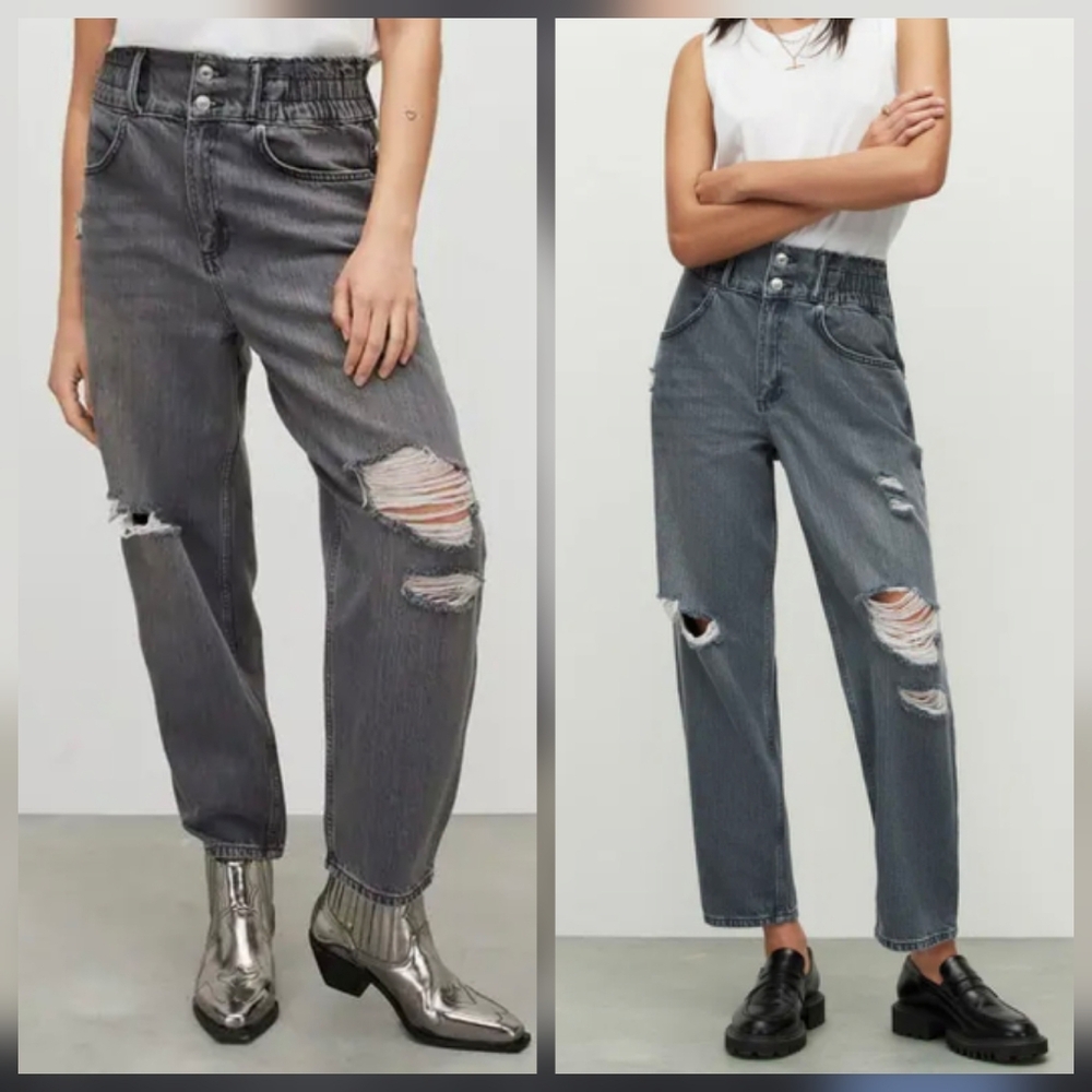 All Saints Hailey High Rise Destroyed Straight Fit Cropped Grey Jeans